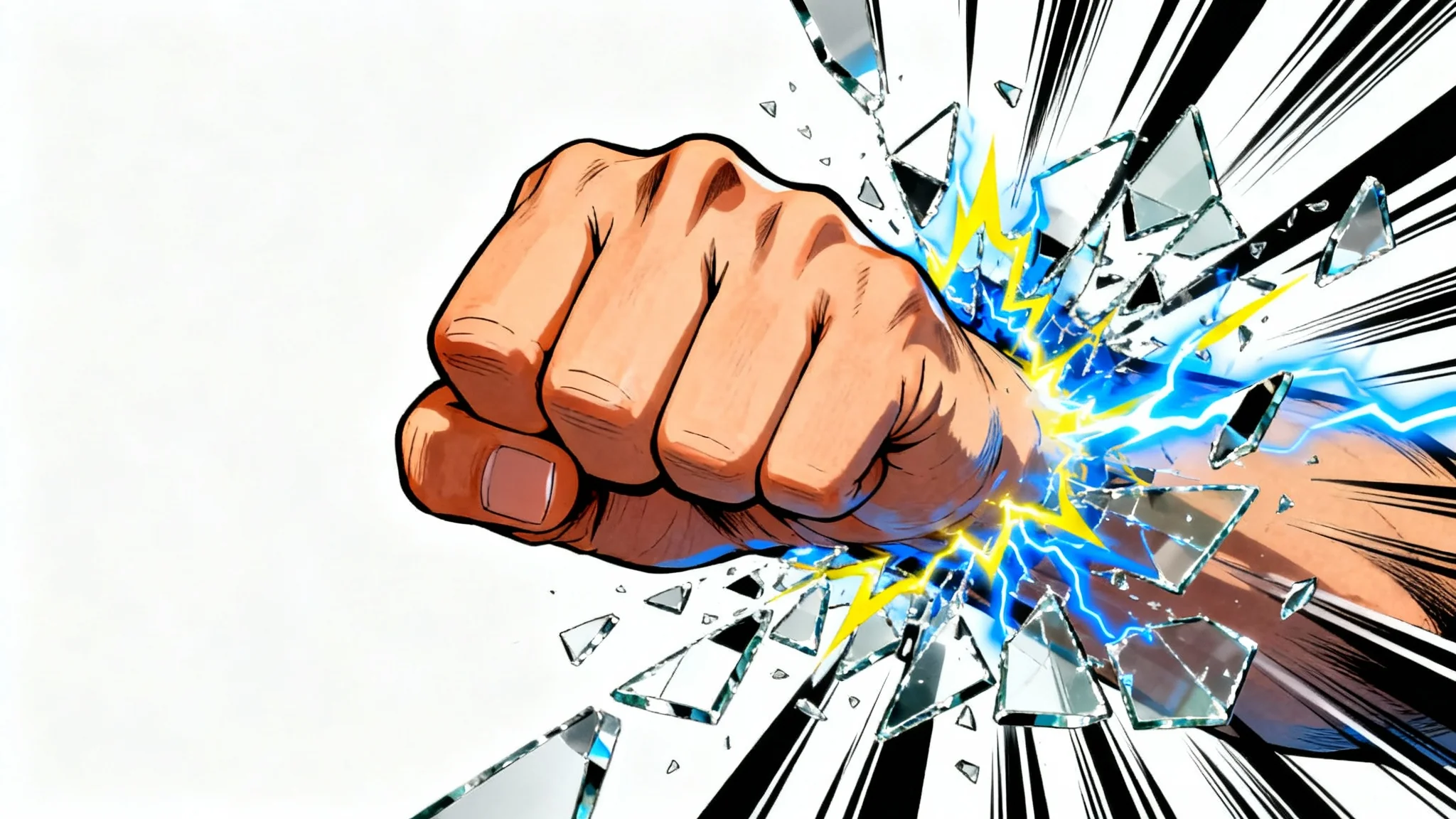 An anime-style illustration of a powerful punch shattering a glass-like surface, with dramatic black and white lines radiating from the impact point, all set against a white background.