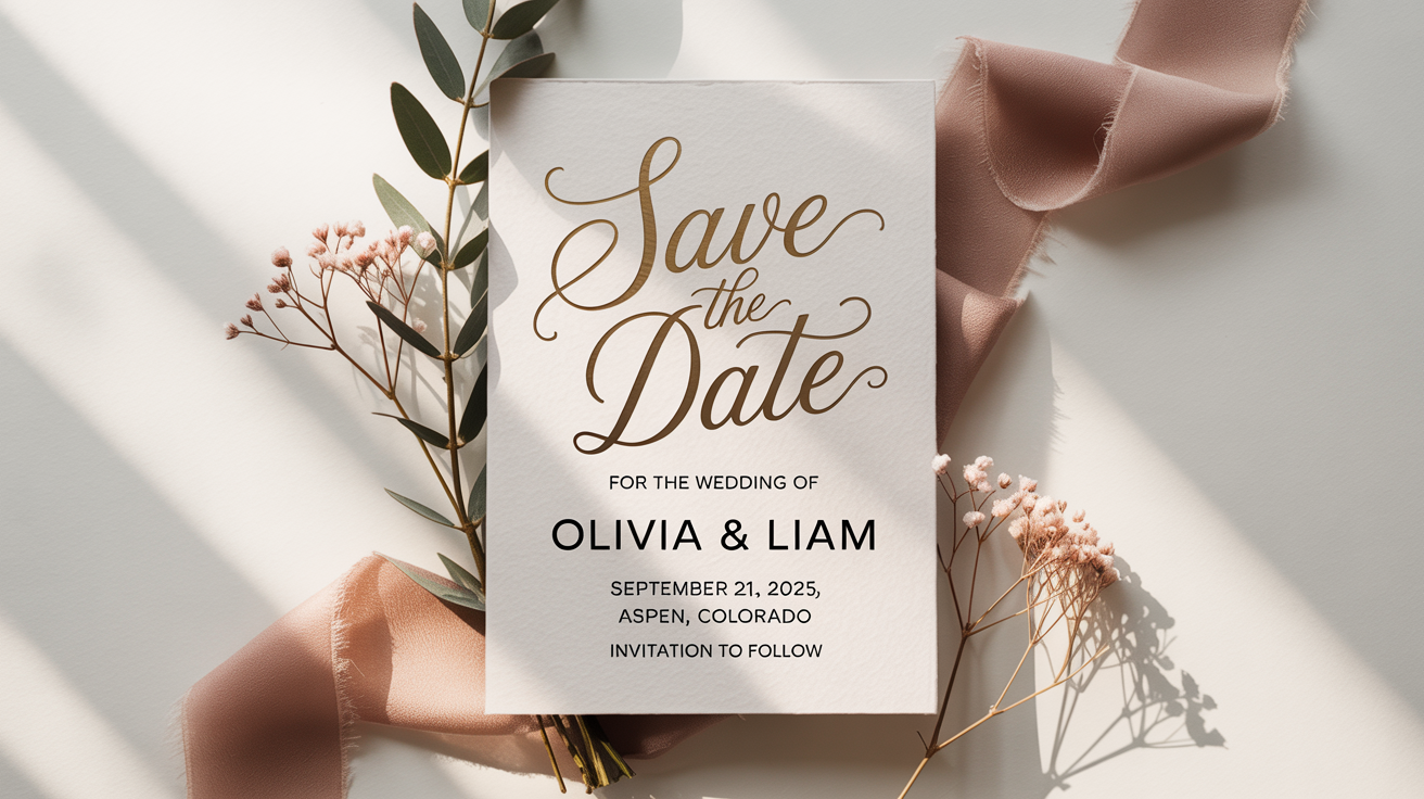An elegant 'Save The Date' wedding invitation card for 'Olivia & Liam' on September 21, 2025, shown as a mockup on a white background with eucalyptus sprigs and a pink ribbon.