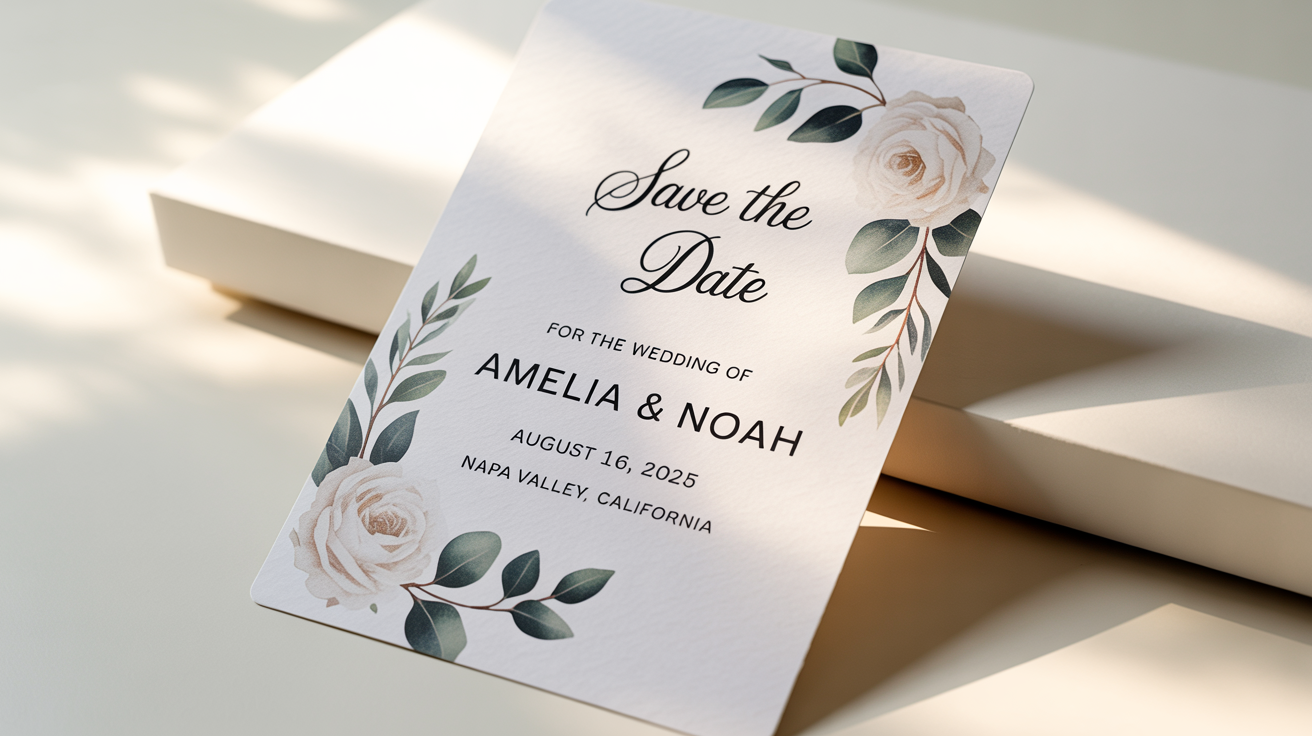 An elegant 'Save The Date' wedding invitation for Amelia & Noah, dated August 16, 2025, adorned with watercolor eucalyptus and roses, set against a clean white background.