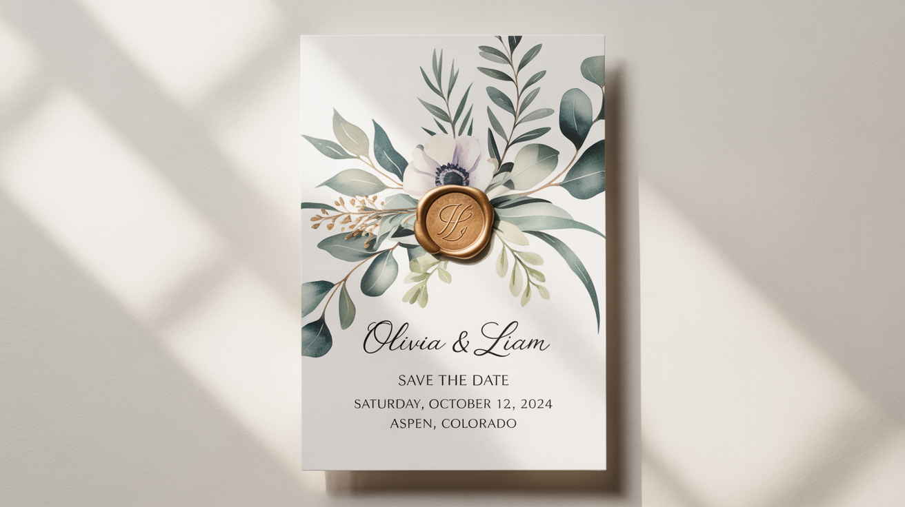 An elegant 'Save The Date' wedding invitation mockup for 'Olivia & Liam', featuring a botanical design on a clean white background with eucalyptus leaves.
