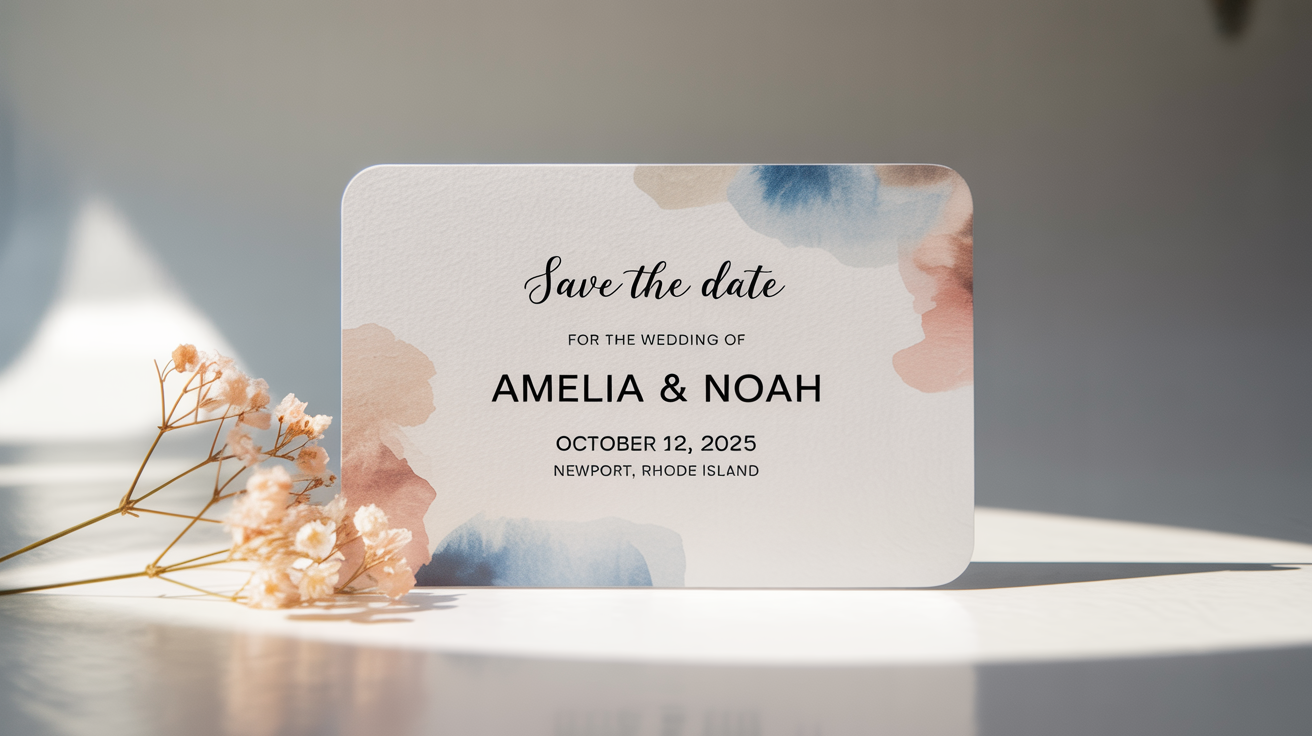 A mockup of a modern and elegant 'Save The Date' invitation card for the wedding of Amelia & Noah, set for October 12, 2025, in Newport, Rhode Island. The card has a watercolor design and is displayed on a white background with a sprig of baby's breath.