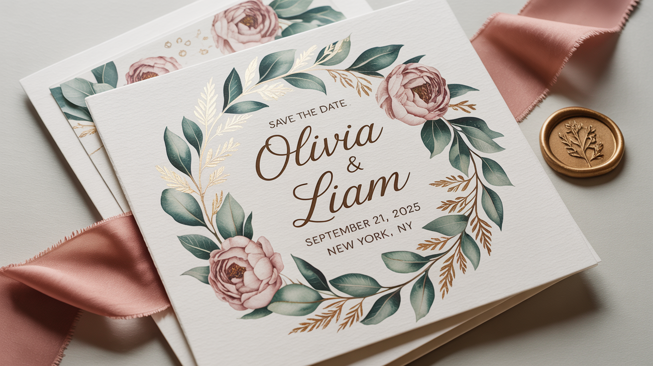 An elegant 'Save The Date' wedding invitation for 'Olivia & Liam' on 'September 21, 2025', displayed on a white background with eucalyptus leaves and a pink ribbon.