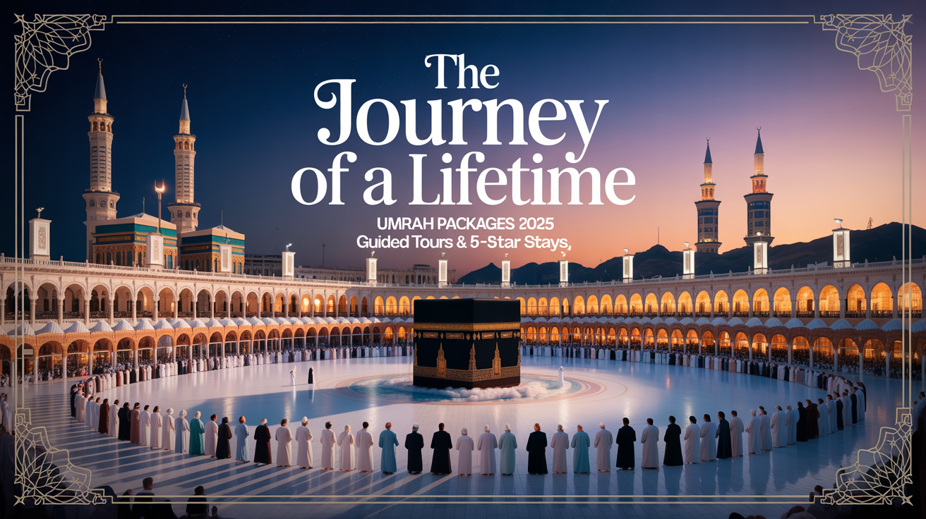 A professionally designed Umrah flyer showing an illustration of the Kaaba surrounded by pilgrims, with the Grand Mosque in the background at twilight. Text on the flyer reads 'The Journey of a Lifetime' and 'Umrah Packages 2025'.