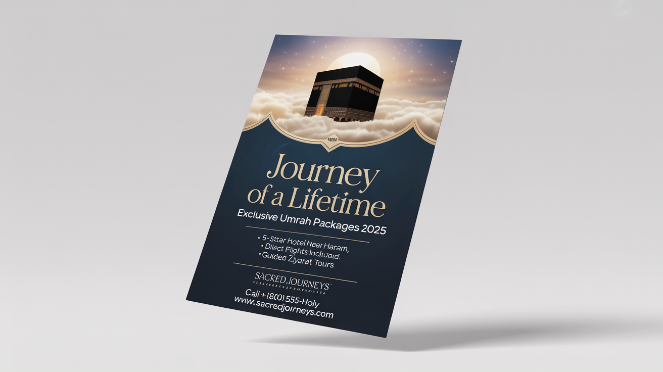 An elegant mockup of a flyer for an Umrah travel package, featuring a night-time photo of the Kaaba, set against a dark blue and gold design. The flyer is shown on a plain white background.