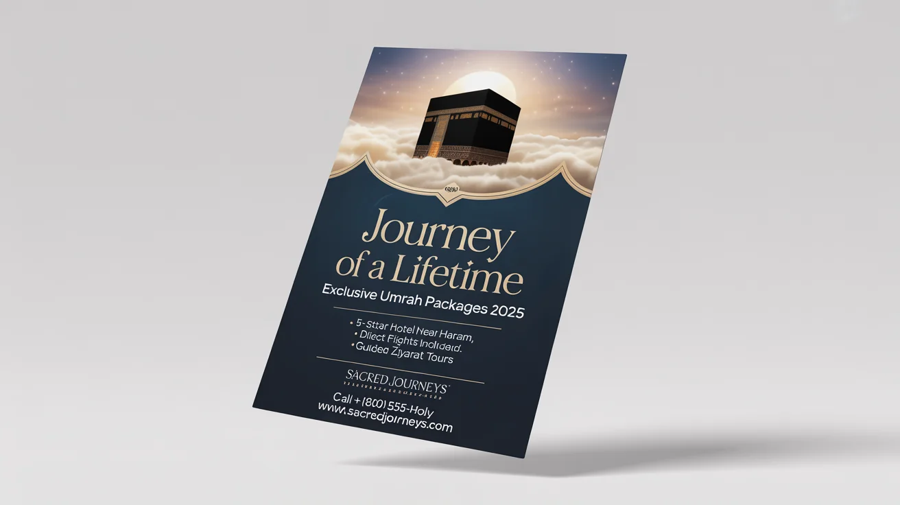 An elegant mockup of a flyer for an Umrah travel package, featuring a night-time photo of the Kaaba, set against a dark blue and gold design. The flyer is shown on a plain white background.