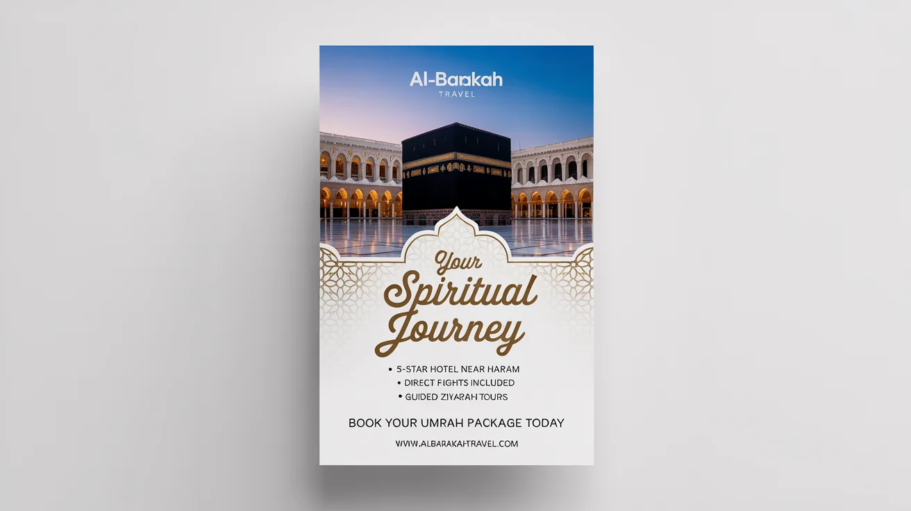 A professional mockup of a vertical Umrah travel flyer on a white background, featuring a blue and gold design with an image of the Kaaba and details for a spiritual journey package.