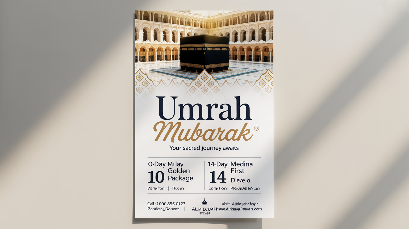 A mockup of an elegant Umrah pilgrimage flyer from 'Al-Hidayah Travels'. The design features a photo of the Kaaba, a blue and white color scheme with gold accents, and the title 'UMRAH MUBARAK'. The flyer is shown against a plain white background.