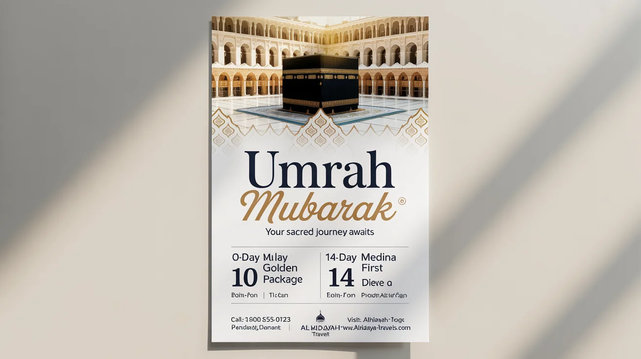 A mockup of an elegant Umrah pilgrimage flyer from 'Al-Hidayah Travels'. The design features a photo of the Kaaba, a blue and white color scheme with gold accents, and the title 'UMRAH MUBARAK'. The flyer is shown against a plain white background.