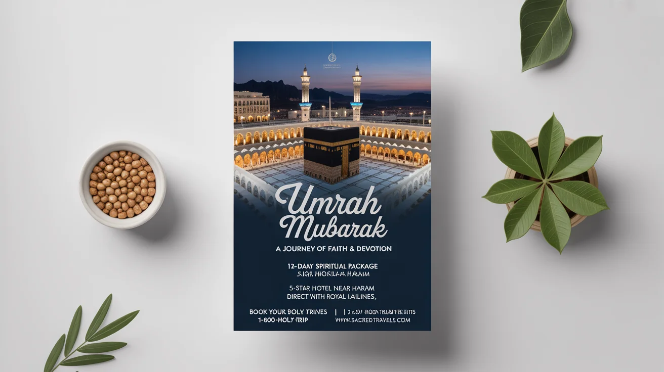 A mockup of an elegant Umrah travel flyer on a white background, featuring an image of the Kaaba at twilight, with gold and blue accents and package details.