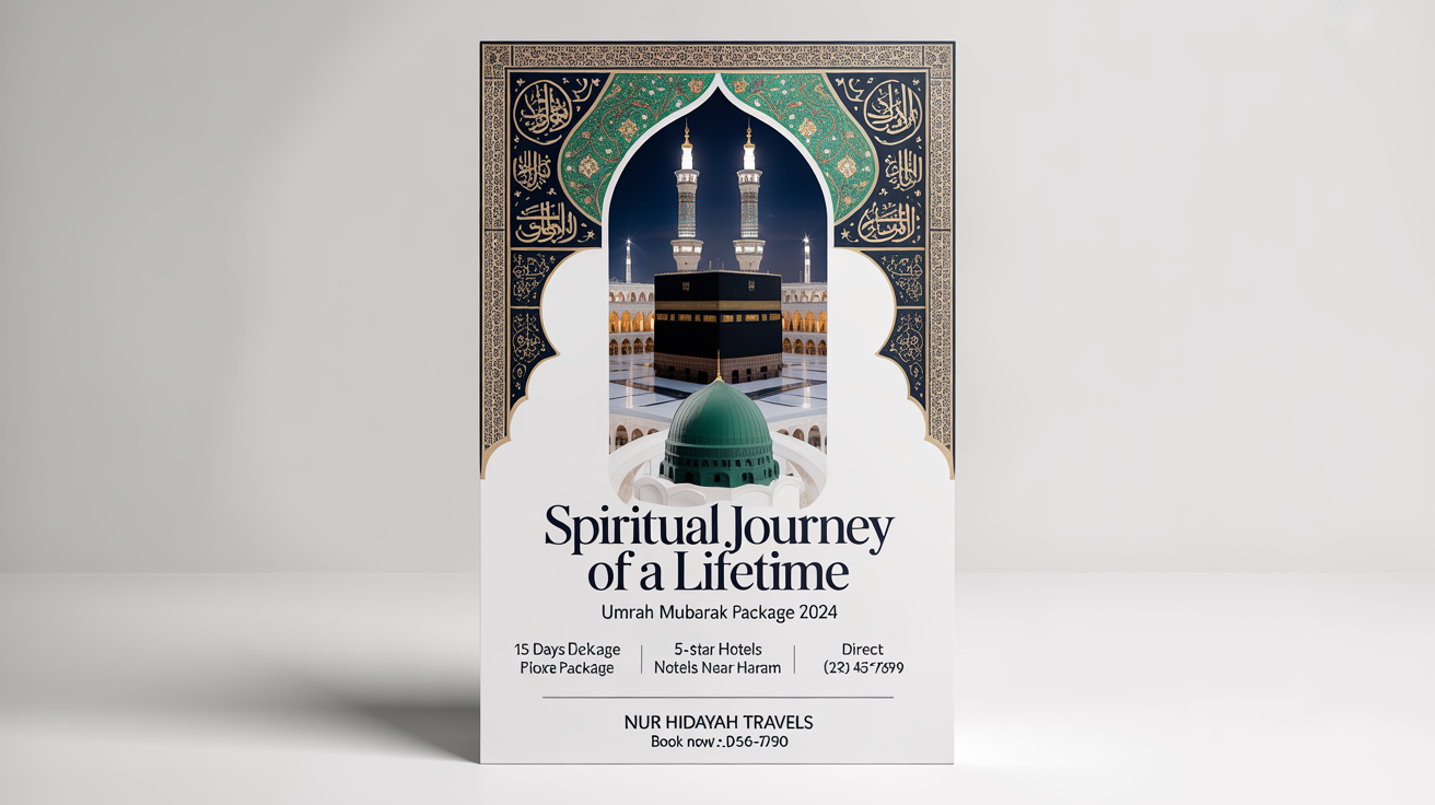 An elegant Umrah travel flyer mockup on a white background, featuring images of the Kaaba and the Prophet's Mosque, with gold and blue Islamic patterns and fictional travel package details.
