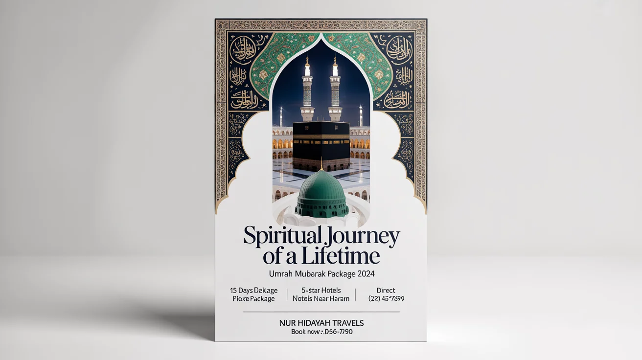 An elegant Umrah travel flyer mockup on a white background, featuring images of the Kaaba and the Prophet's Mosque, with gold and blue Islamic patterns and fictional travel package details.