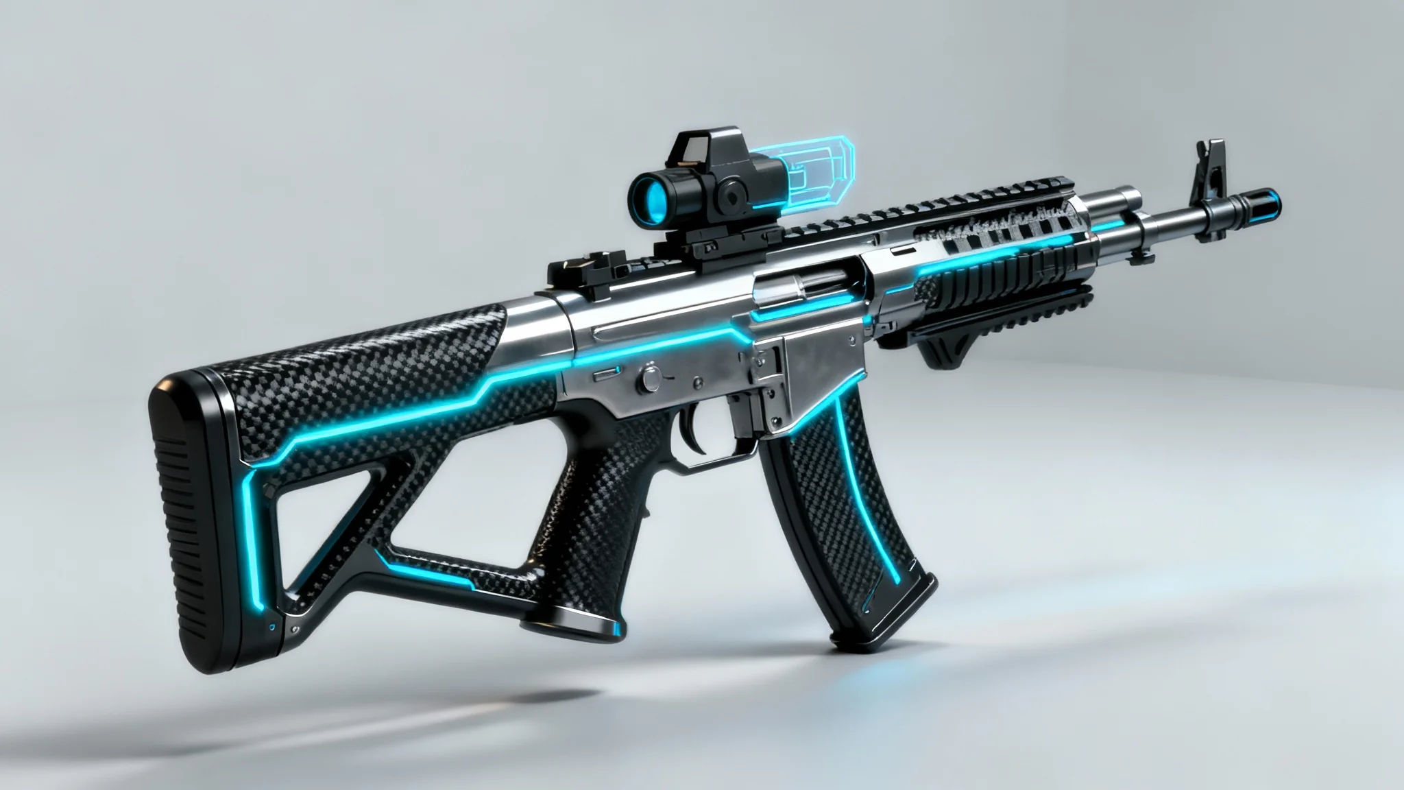 A professionally rendered concept art of a futuristic sci-fi assault rifle, displayed on a clean, light gray background, highlighting its detailed design and glowing blue elements.