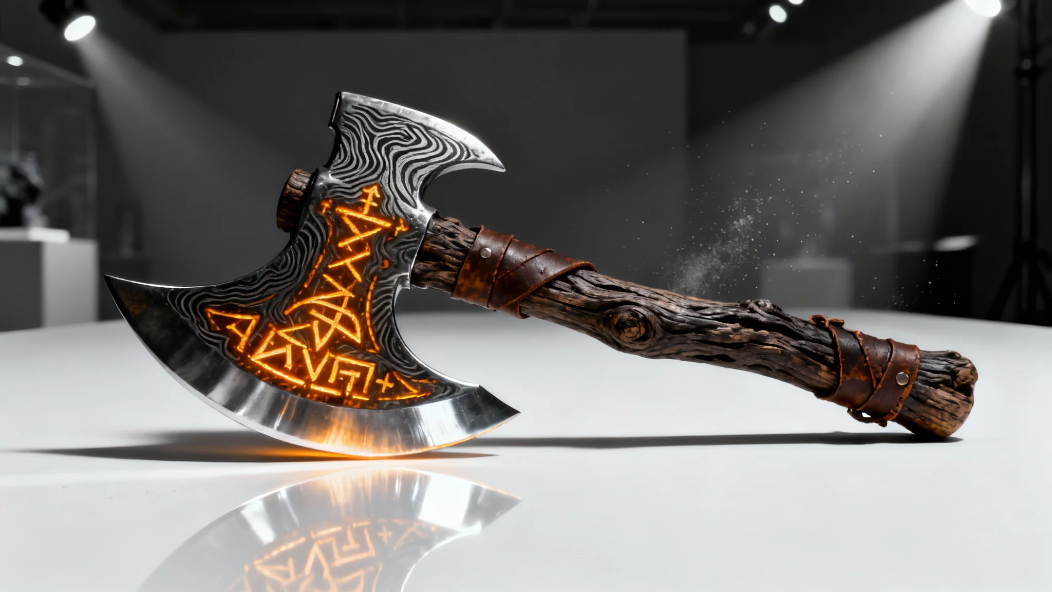A photorealistic mockup of a detailed fantasy battle axe with glowing runes, displayed against a clean white background.