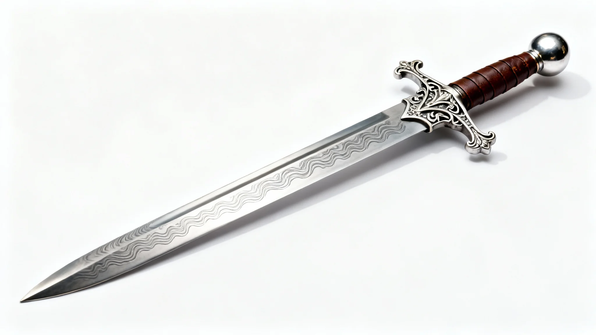A studio photograph of an ornate, finely crafted medieval broadsword with a Damascus steel blade, displayed on a clean white background.