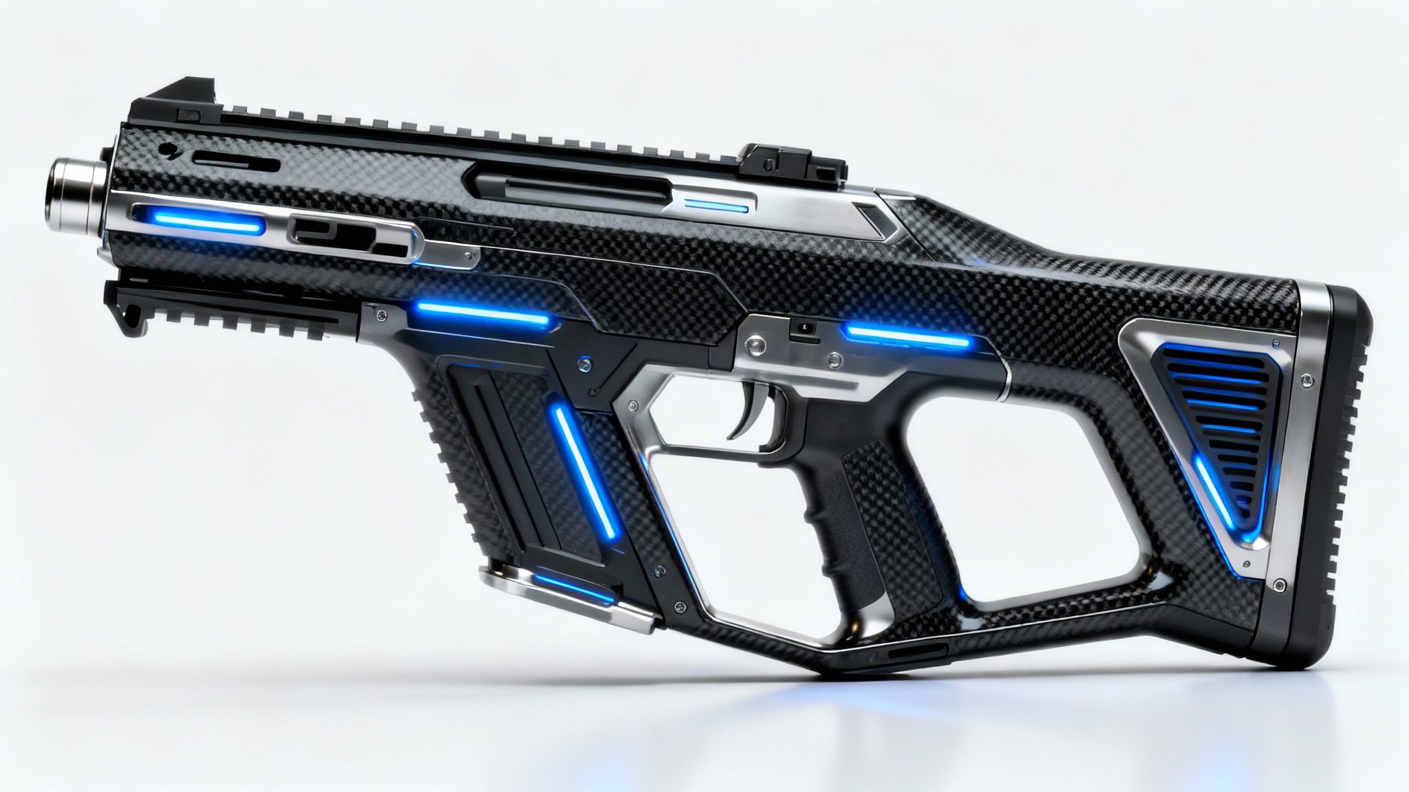 A futuristic sci-fi assault rifle with a matte black finish and blue glowing accents, displayed like a product on a clean white background.