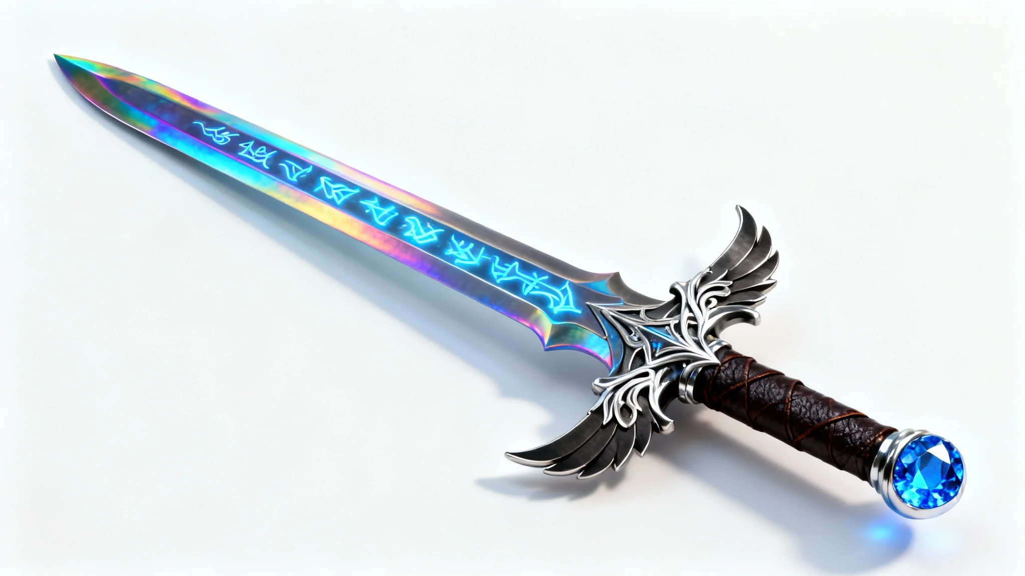 A highly detailed, photorealistic image of a futuristic fantasy sword with a color-shifting blade and glowing blue runes, presented as a product shot on a clean white background.