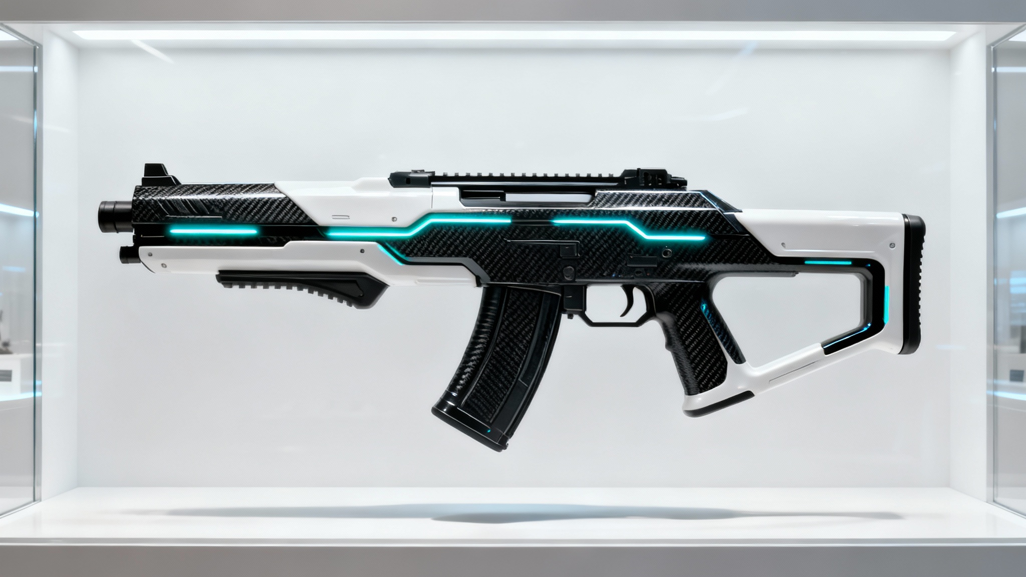 A sleek, futuristic science-fiction rifle with matte black and polished white components, featuring glowing cyan light strips, displayed floating against a clean white background.