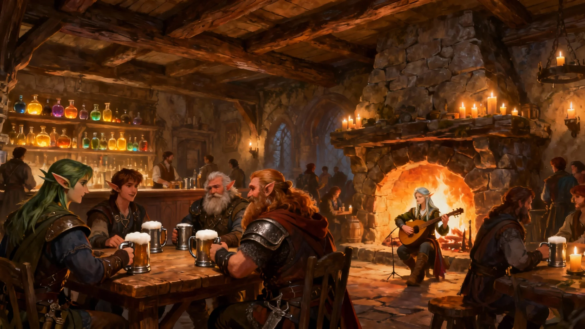 A wide-angle view of a lively fantasy tavern interior, filled with adventurers drinking at tables, a bard playing music by a large fireplace, and a bar lined with glowing potions.