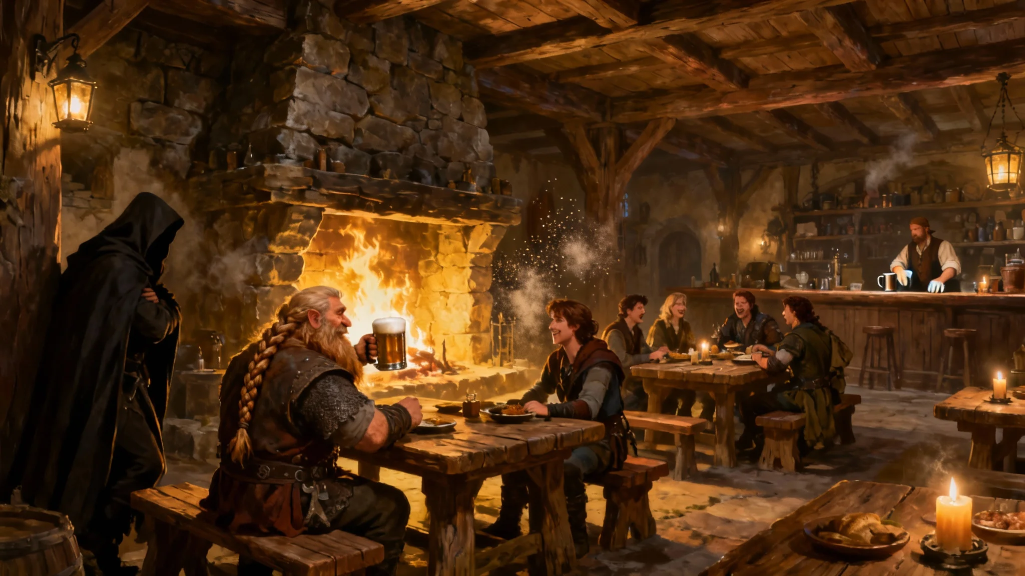 A bustling and cozy fantasy tavern interior filled with adventurers, illuminated by the warm light of a large stone fireplace.