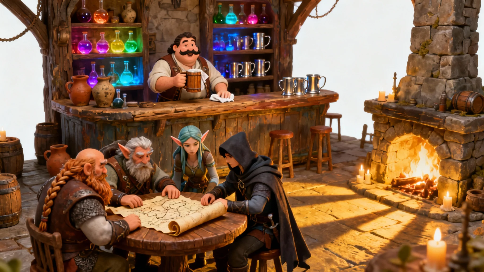 A detailed digital illustration of a lively fantasy tavern interior, featuring a cheerful bartender and a group of adventurers studying a map, all set against a clean white background.