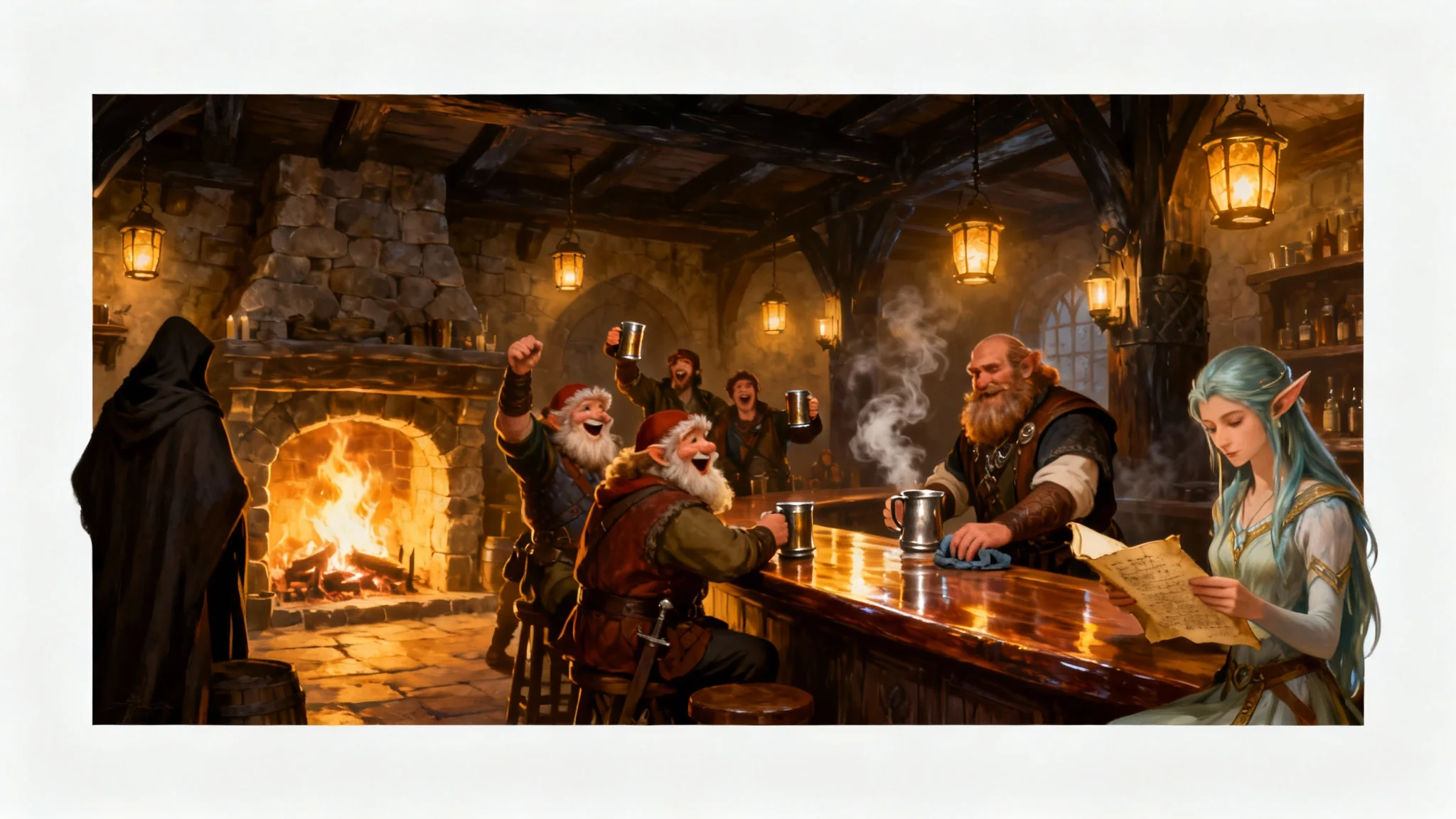 A vibrant and detailed illustration of the inside of a fantasy tavern, bustling with adventurers like dwarves and elves, gathered around a warm fireplace and a well-stocked bar.
