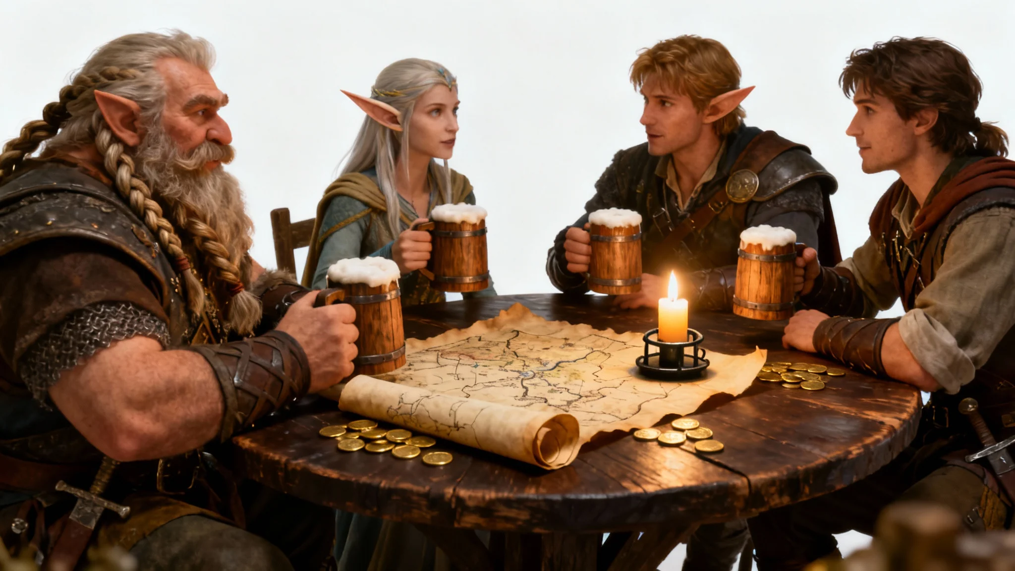 A detailed mockup of a fantasy tavern scene, showing a dwarf, an elf, and a human sitting at a round wooden table with ale and a map, set against a clean white background.