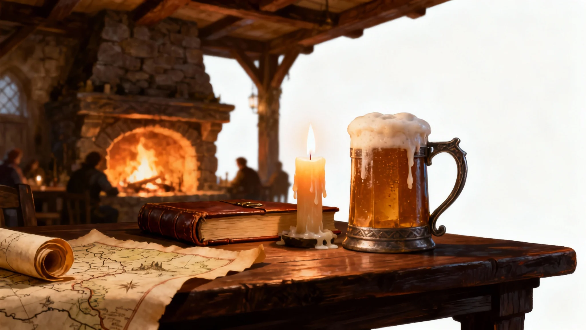 A detailed illustration of a table in a fantasy tavern, featuring a mug of ale, a candle, and a map, set against a cozy, fire-lit background. The entire scene is isolated on a white background.