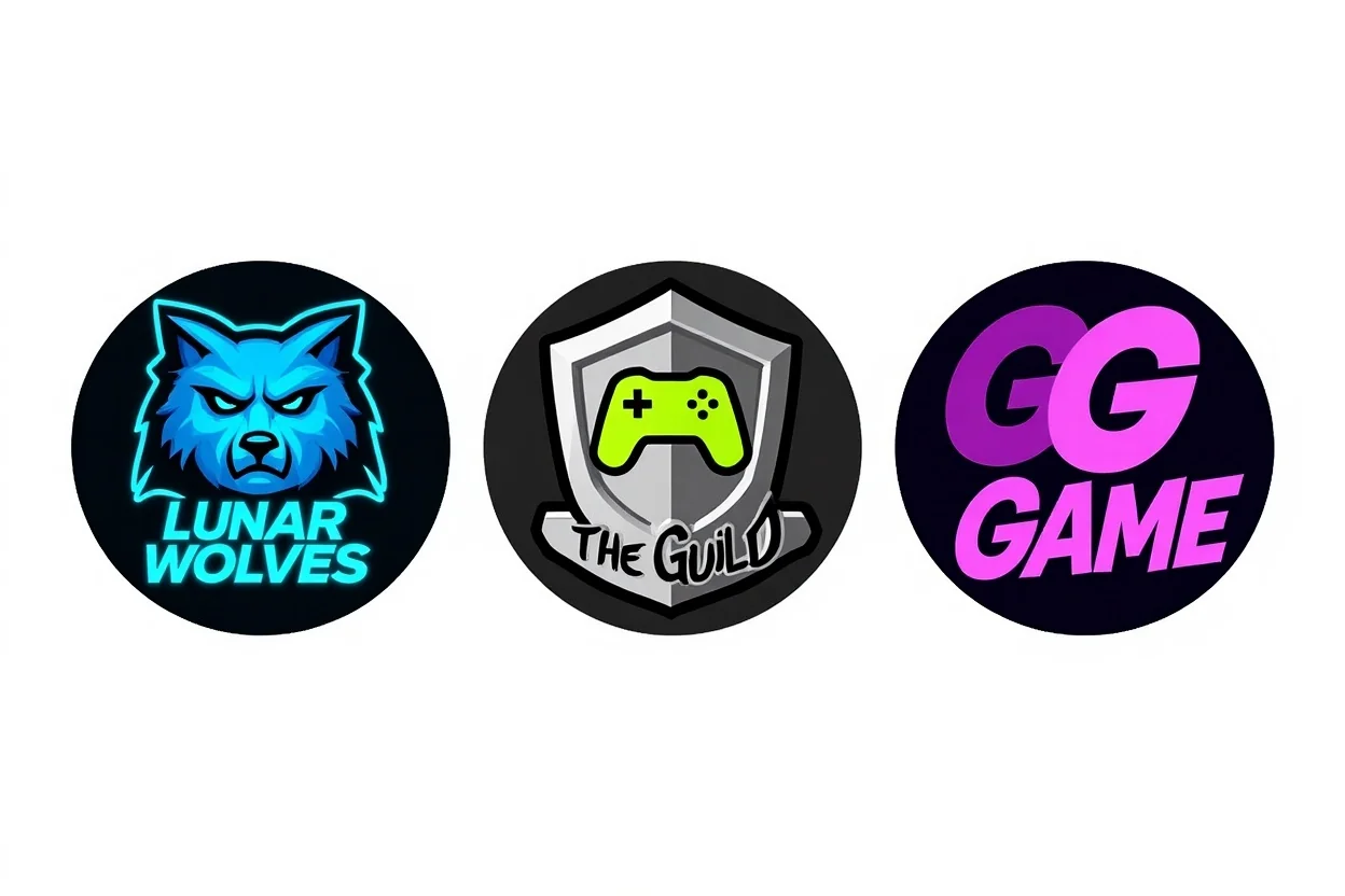 A mockup showcasing three custom-designed Discord logos on a white background. The logos represent different gaming community styles: a blue wolf mascot, a silver shield with a green controller, and a pink futuristic text logo.