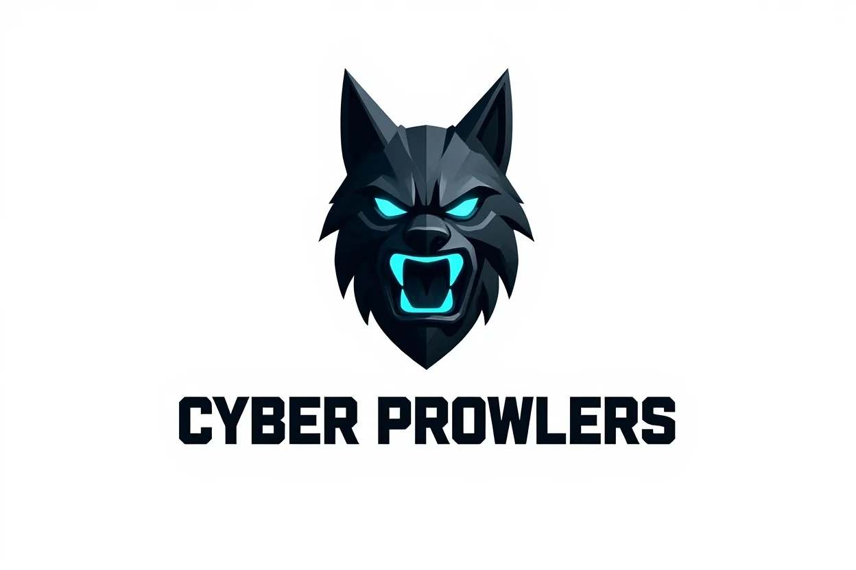 A modern Discord server logo for a gaming community called 'Cyber Prowlers'. The logo features a stylized, geometric wolf head with glowing blue eyes, displayed on a clean white background.