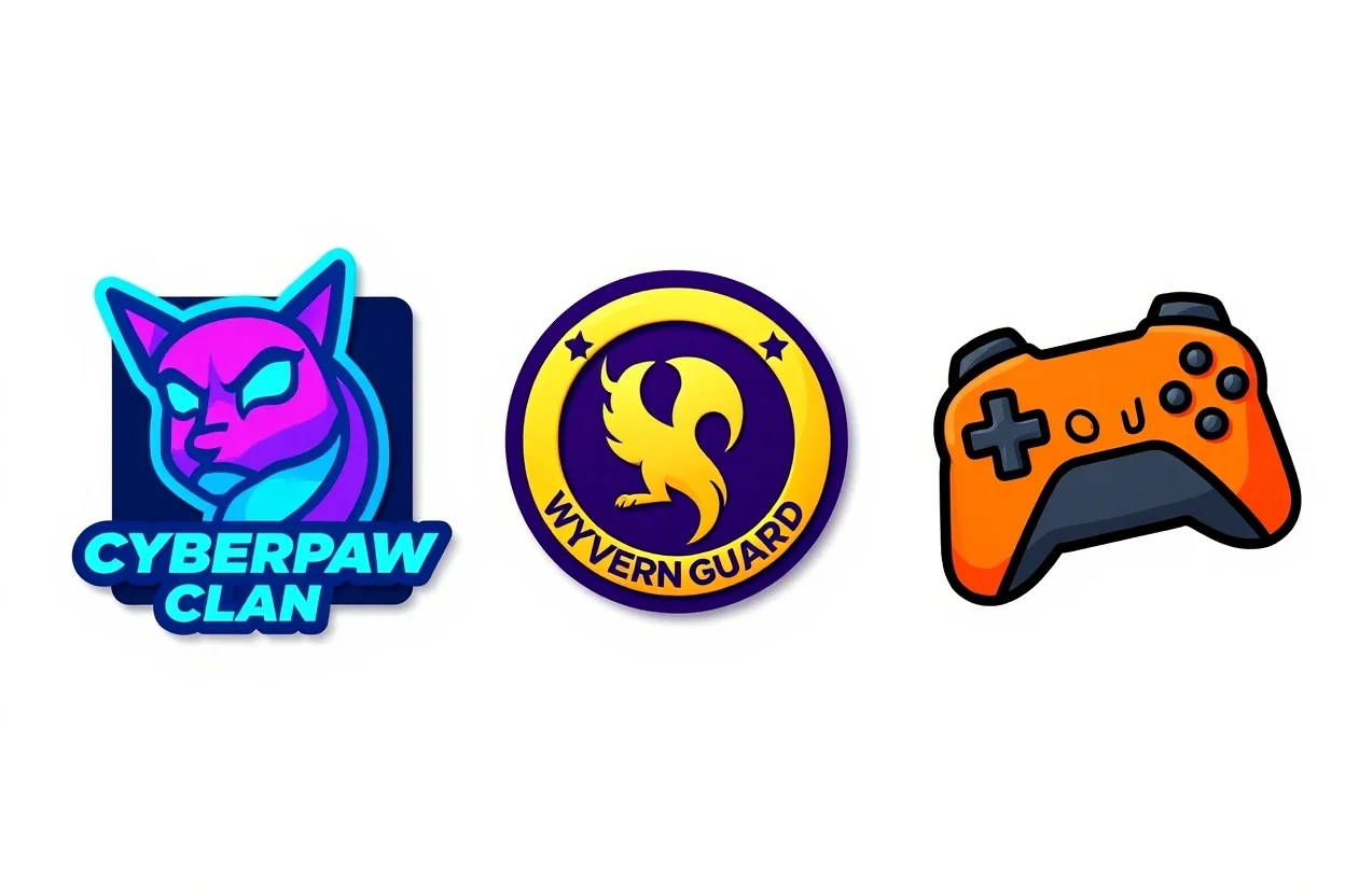 Three modern vector logos for Discord gaming communities displayed on a white background. The logos feature a neon cyber-fox, a fantasy dragon crest, and a bold orange game controller.
