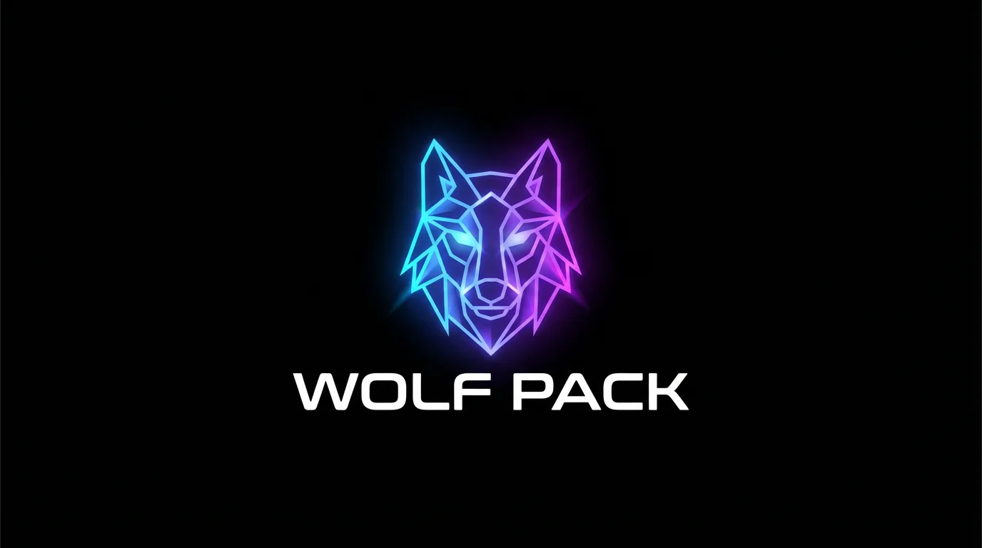 A modern gaming logo featuring a geometric, glowing blue and purple wolf head icon with the text 'WOLF PACK' below it on a black background.