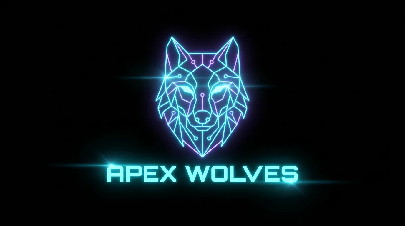 A gaming logo for 'Apex Wolves' featuring a geometric, neon cyan and purple wolf head icon above the community name on a black background.