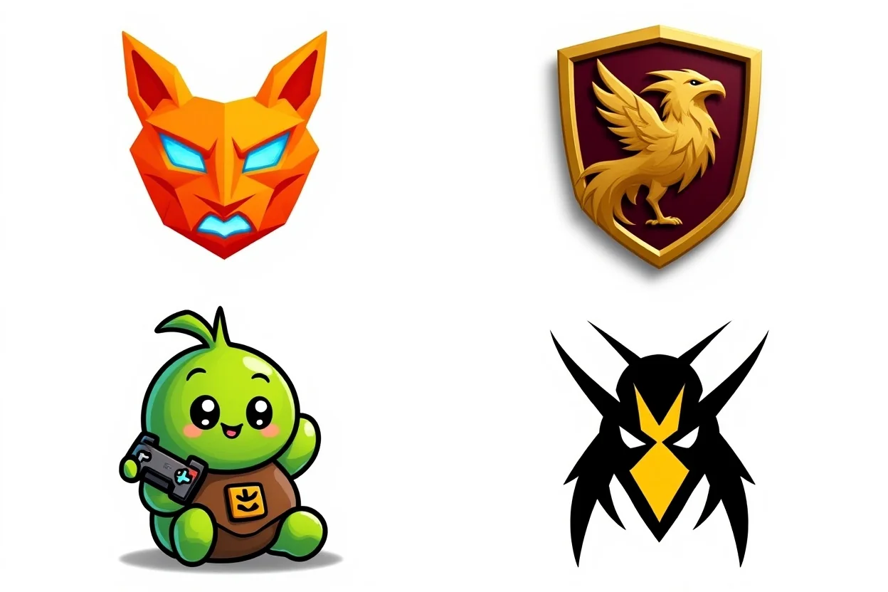 A showcase of four unique gaming logos on a white background: a neon geometric fox, a fantasy griffin shield, a cartoon avocado with a controller, and a minimalist hornet mascot.