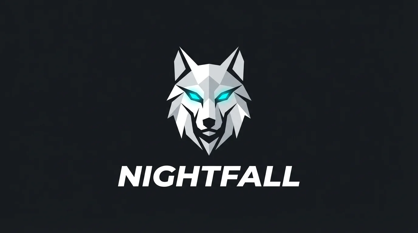 A modern gaming logo for a community called 'NIGHTFALL'. It features a geometric, stylized white wolf head icon with glowing cyan eyes, positioned above the white text 'NIGHTFALL' on a dark gray background.