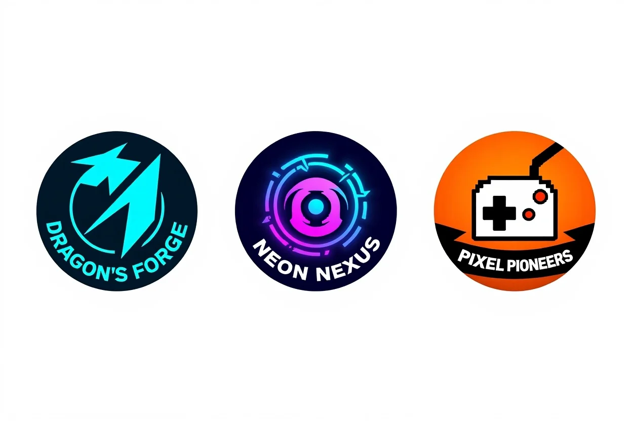Three unique, circular Discord logos for gaming communities arranged on a white background. The logos feature a geometric dragon, a neon cyberpunk eye, and a retro pixel-art controller, showcasing different creative design styles.