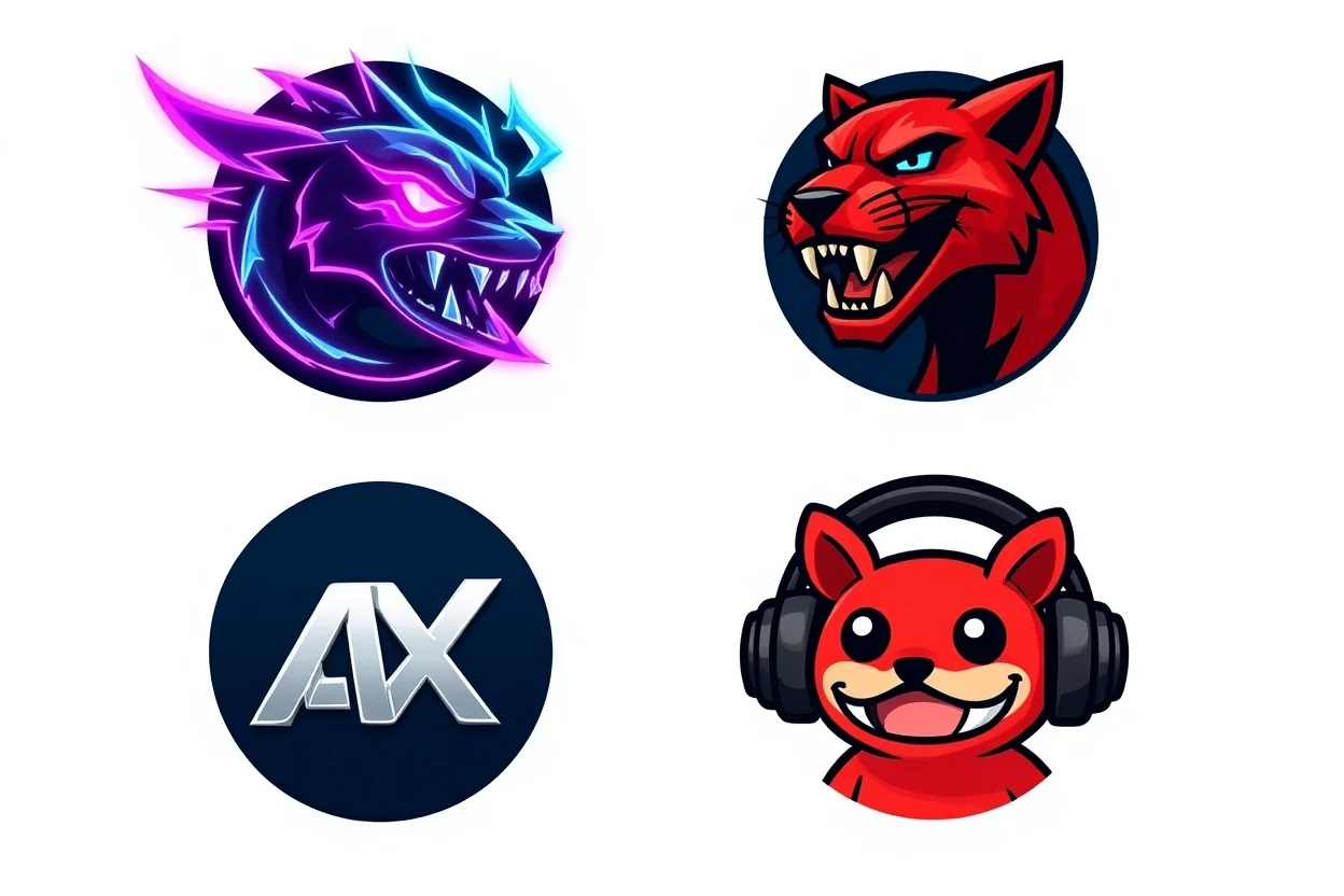 A mockup displaying four unique, circular logos for gaming communities on a white background. The logos feature a neon cyberpunk dragon, a geometric red panther, the silver initials 'AX', and a cartoon red panda with headphones, showing diverse design styles.