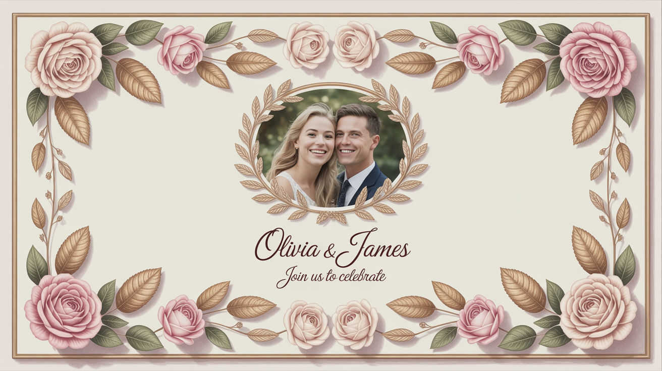 A finished wedding invitation with a vintage floral frame of pastel roses, featuring a photo of a couple and elegant text.