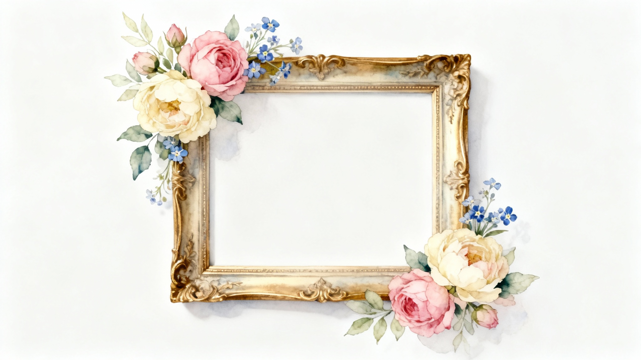 An empty vintage-style picture frame decorated with elegant floral arrangements of roses and peonies, set against a plain white background.