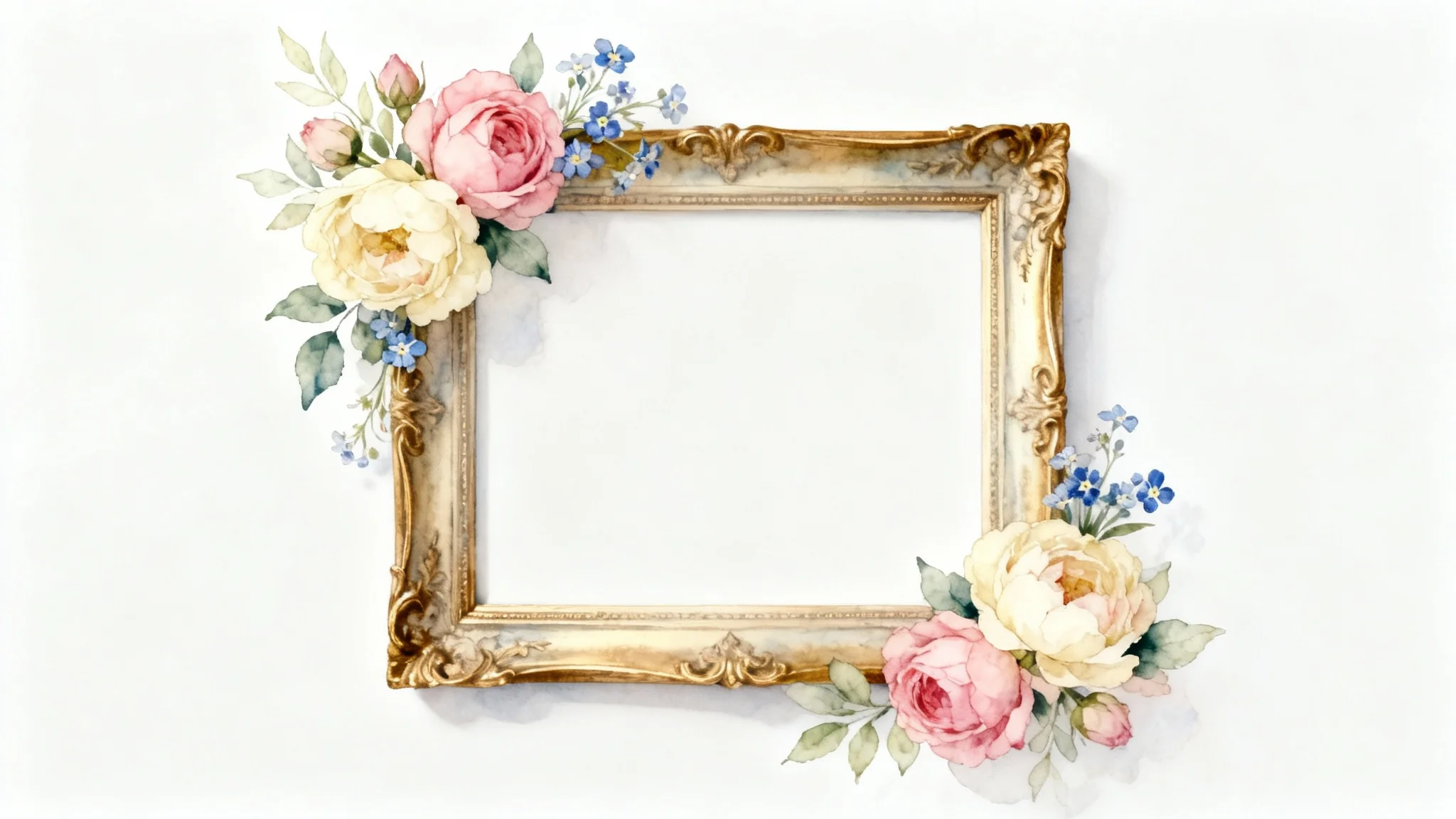 An empty vintage-style picture frame decorated with elegant floral arrangements of roses and peonies, set against a plain white background.