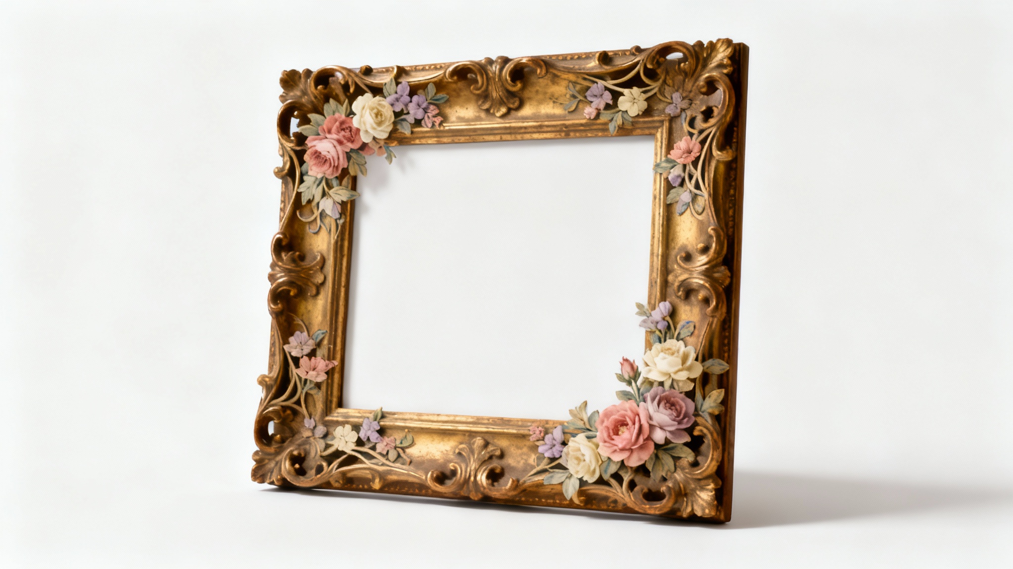 An elegant, antique-style rectangular picture frame with intricate gold carvings of vintage flowers and vines, set against a plain white background.