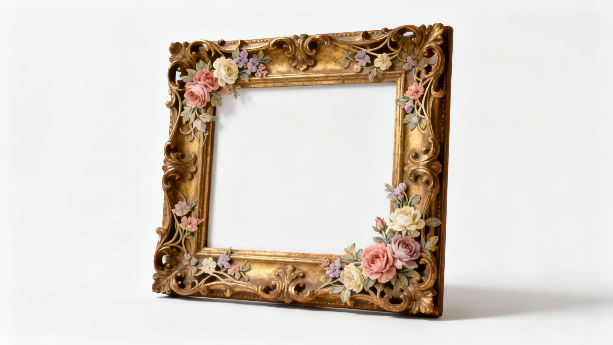 An elegant, antique-style rectangular picture frame with intricate gold carvings of vintage flowers and vines, set against a plain white background.