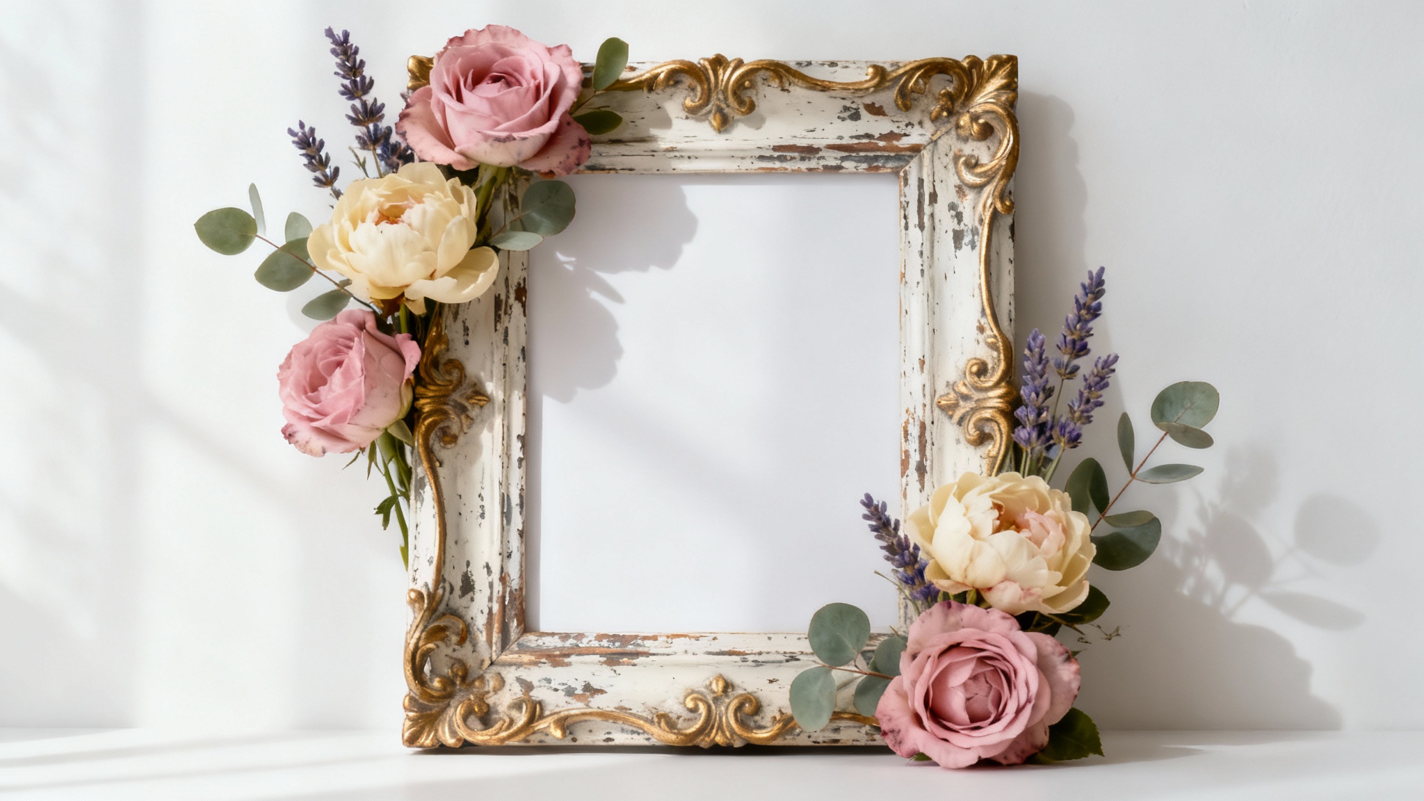 A beautiful mockup of a vertical vintage floral frame with ornate gold details and arrangements of pink and cream flowers on its corners, set against a plain white background.