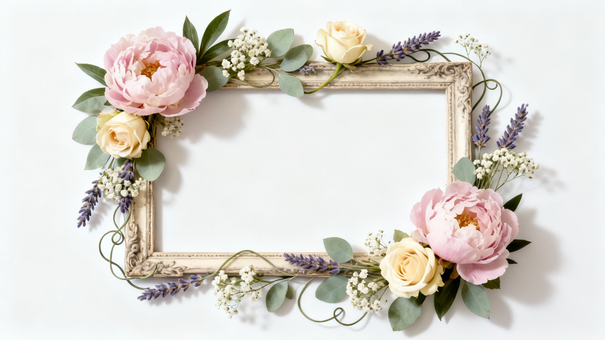 A mockup of a beautiful vintage floral frame with soft pink and cream flowers, set against a plain white background, exuding elegance.