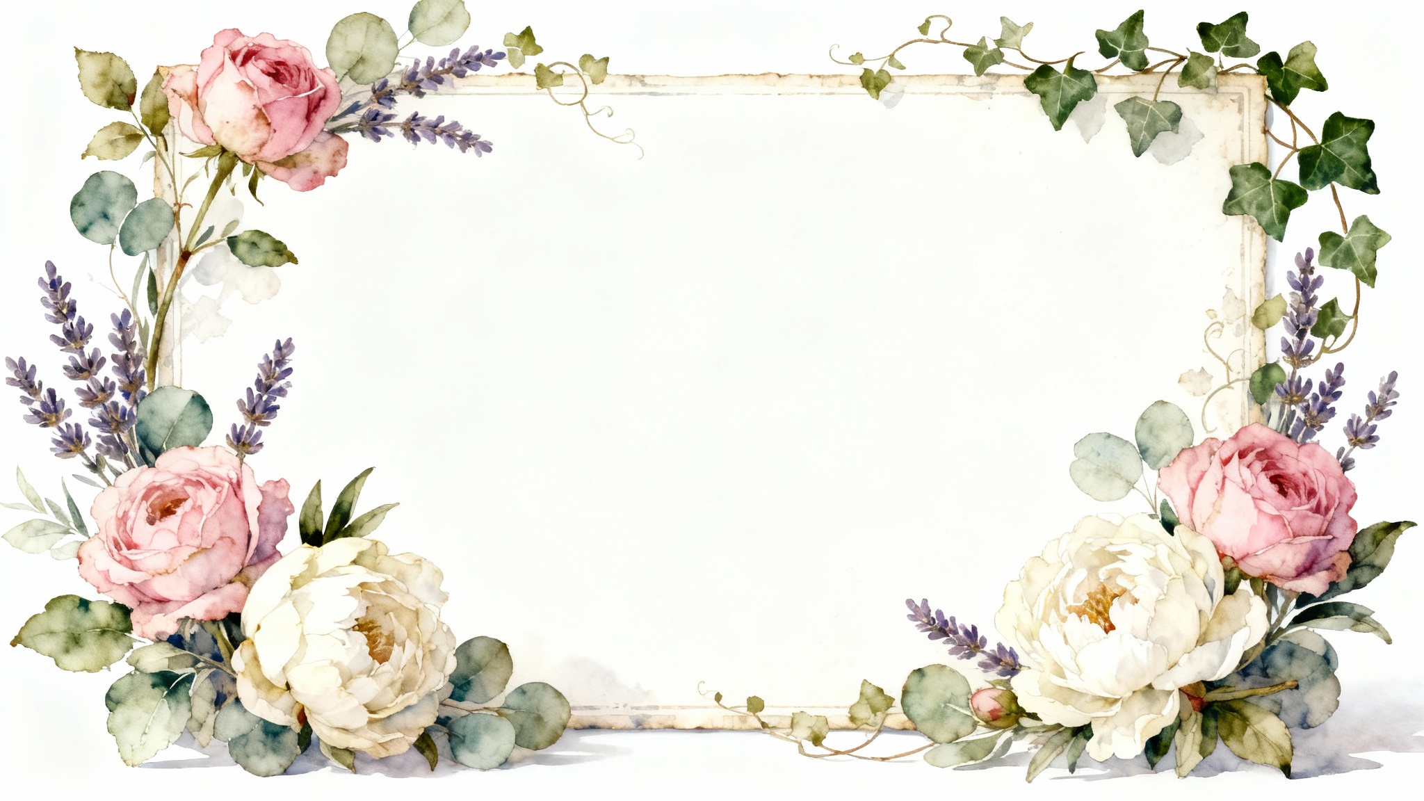 An elegant mockup of a vintage-style rectangular frame made of beautifully illustrated pink roses, white peonies, and green leaves, set against a plain white background.