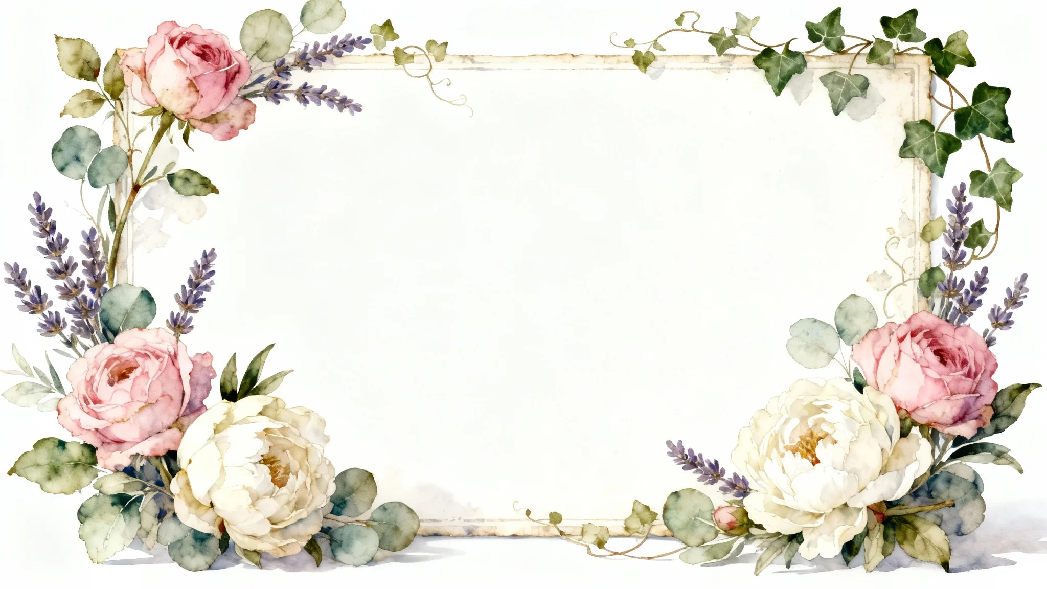An elegant mockup of a vintage-style rectangular frame made of beautifully illustrated pink roses, white peonies, and green leaves, set against a plain white background.