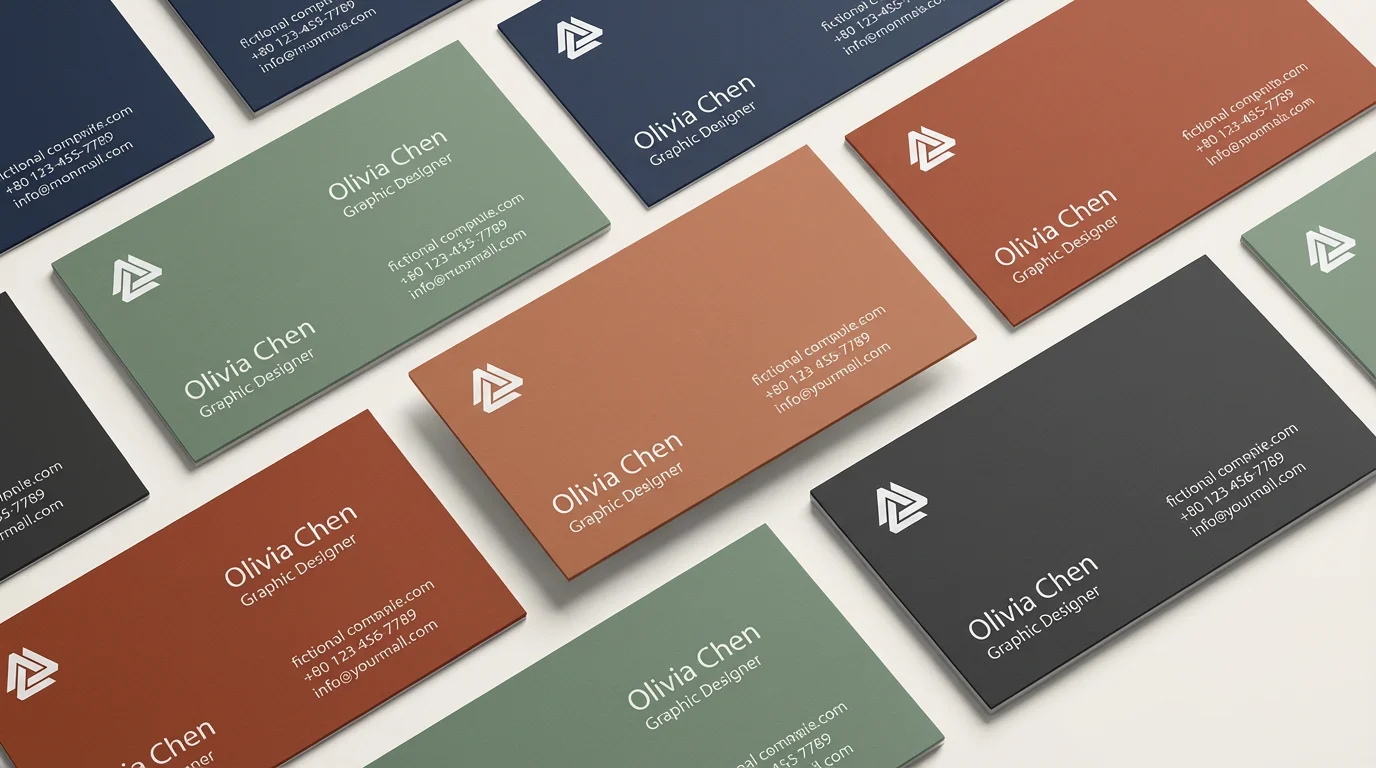An eye-catching arrangement of business cards showcasing different background colors like sage green, terracotta, and charcoal gray, transformed from an original navy blue design, all featuring the same professional layout.