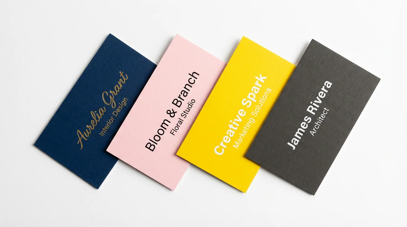 A collection of professionally designed business cards fanned out on a white surface, each featuring a different background color: navy blue, pastel pink, bright yellow, and charcoal gray.