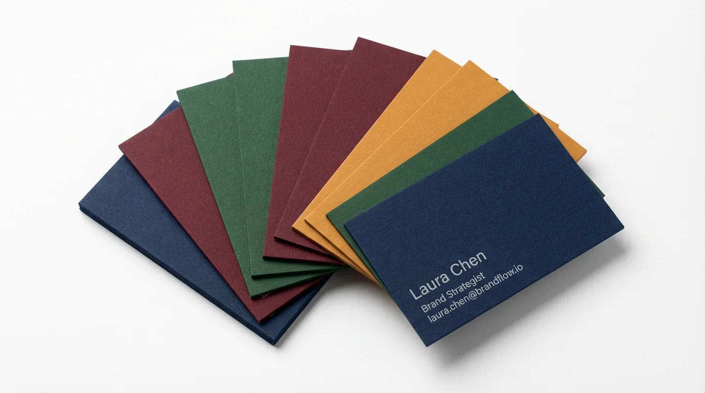 A professional mockup of several business cards fanned out on a white background, each showcasing a different solid color like navy, green, burgundy, and yellow, illustrating background color options.