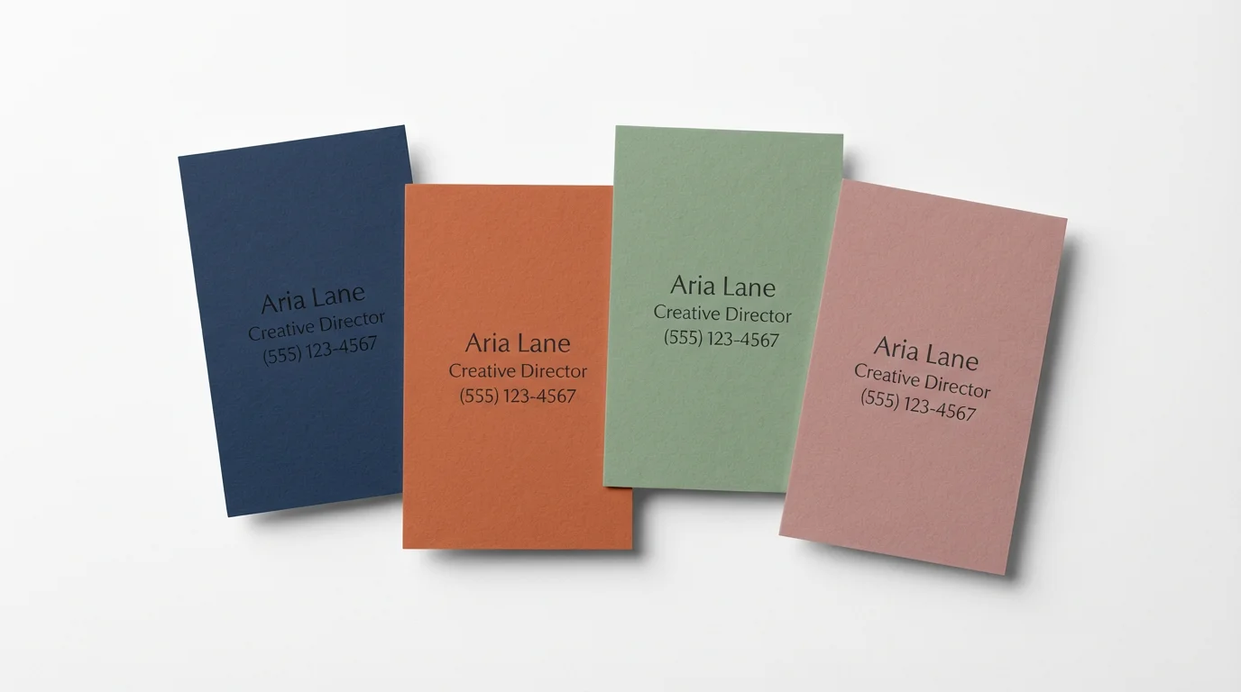 A minimalist arrangement of four business cards on a white surface, each featuring a different solid background color: navy blue, terracotta, sage green, and dusty rose.