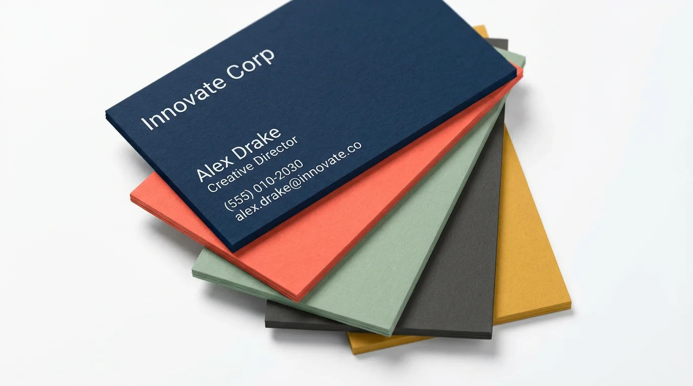 A fan of five business cards, each with a different modern background color, navy, coral, green, gray, and yellow, arranged on a clean white surface.